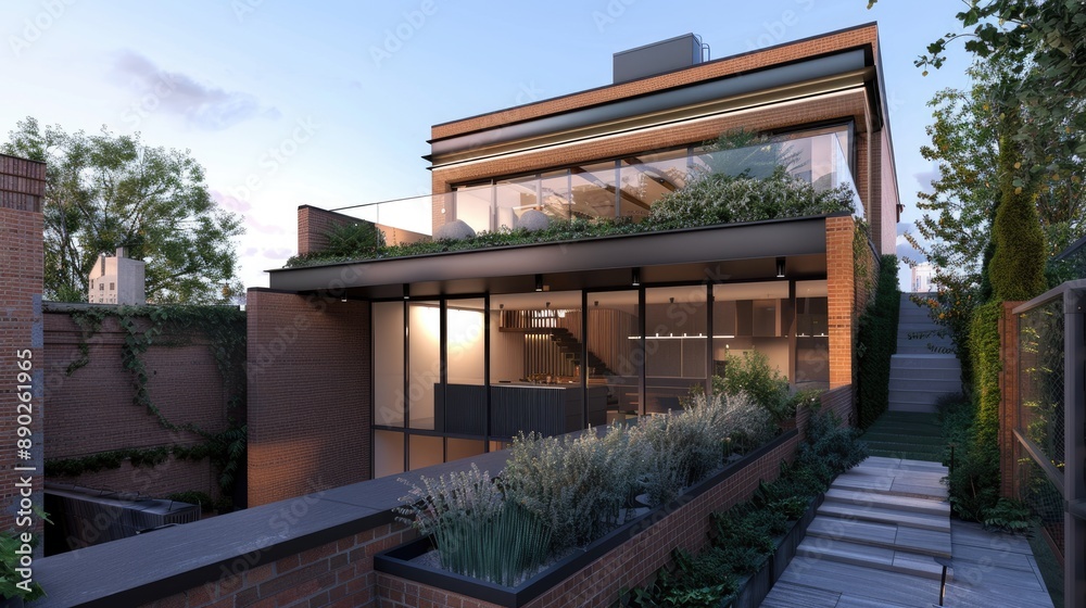 Fototapeta premium A contemporary urban house with a sleek brick facade, rooftop terrace, and small urban garden.