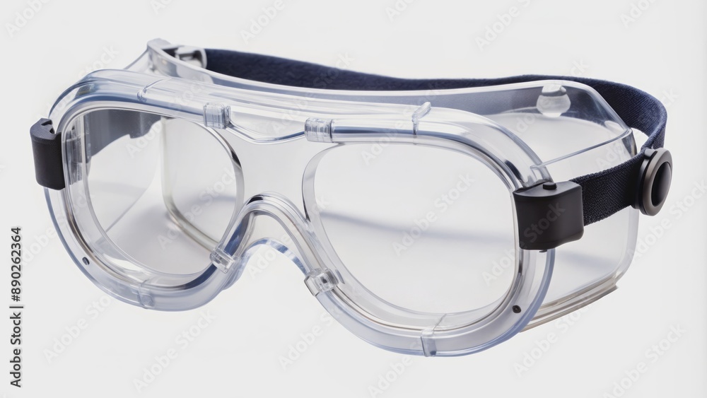 Transparent safety goggles with adjustable strap isolated on white background, emphasizing protection and clarity for hazard prevention. Transparent safety goggles with adjustable strap isolated on white background, emphasizing protection and clarity for hazard prevention.