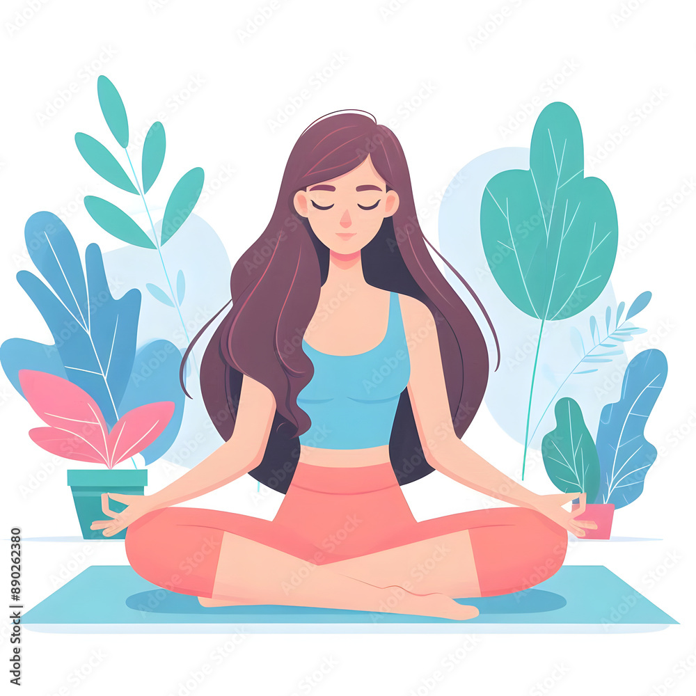 A young beautiful girl sitting in the lotus position, isolated on a white background, Flat vector Illustration A young beautiful girl sitting in the lotus position, isolated on a white background, Flat vector Illustration