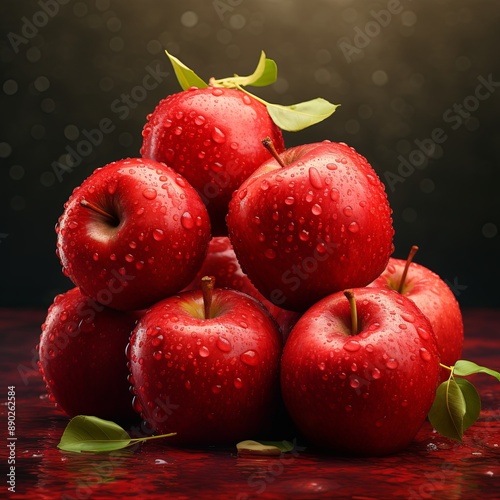 Fresh red apples with water droplets on glass table, illuminated by spotlight. Low angle view highlights abundance, vibrant colors. Bold red background, exuding freshness and allure. photo