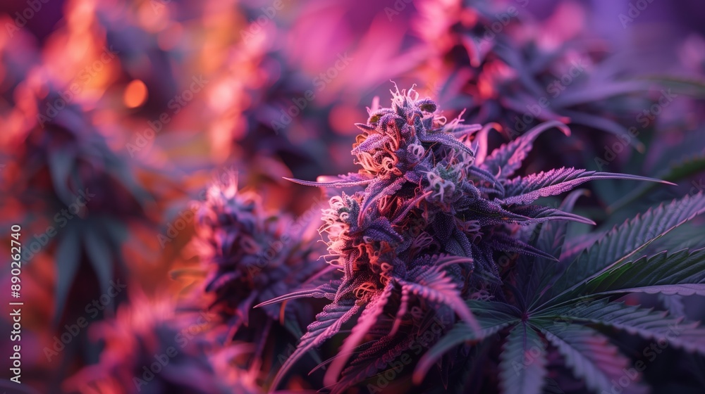 Purple Cannabis Buds Close-Up with Bokeh. Close-up of purple cannabis buds with trichomes, highlighted against a blurred bokeh background, in a cultivation setting. Purple Cannabis Buds Close-Up with Bokeh. Close-up of purple cannabis buds with trichomes, highlighted against a blurred bokeh background, in a cultivation setting.