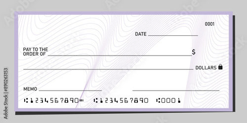 Blank bank cheque paper template mockup with wave line pattern design. Vector