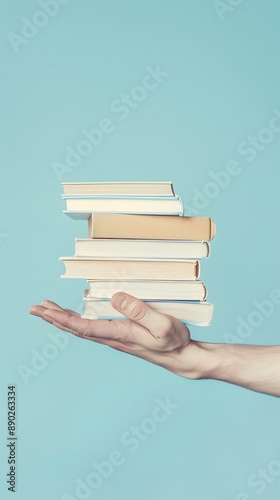 A hand is holding books on a blue background