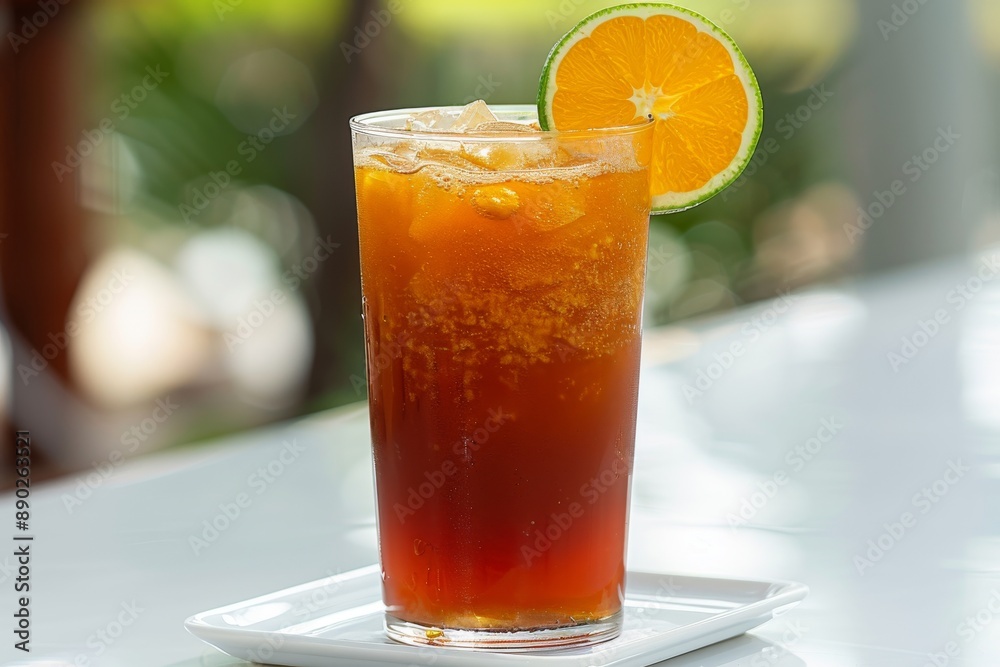 Iced tea with lemon slice on a white plate set against a bokeh background emphasizing refreshment and simplicity