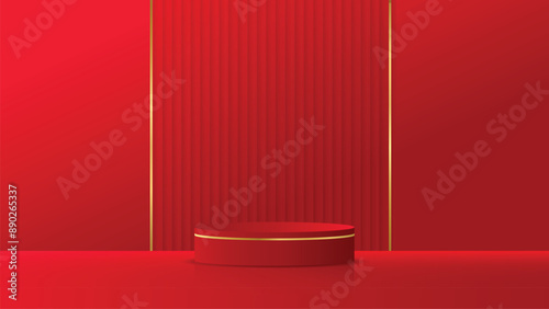 Realistic 3D cylinder stand pedestal Red Podium,studio light and shadow minimal luxury podium scene with platform, stand to show cosmetic products, Stage showcase platform mockup or jewelry display
