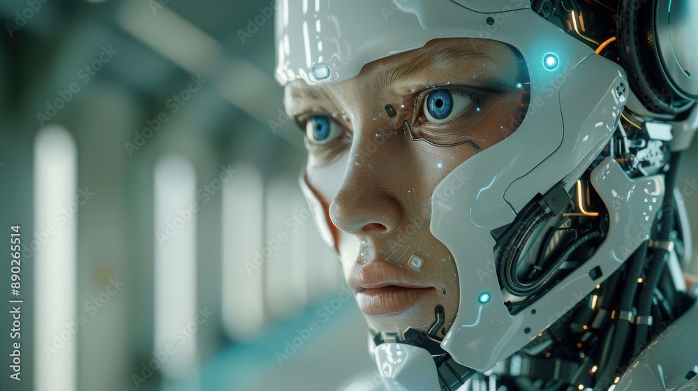 View of a Cyborg robot on a futuristic interface - 3d rendering View of a Cyborg robot on a futuristic interface - 3d rendering