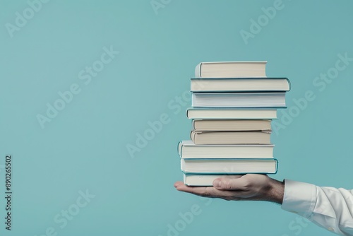 A hand is holding books on a blue background