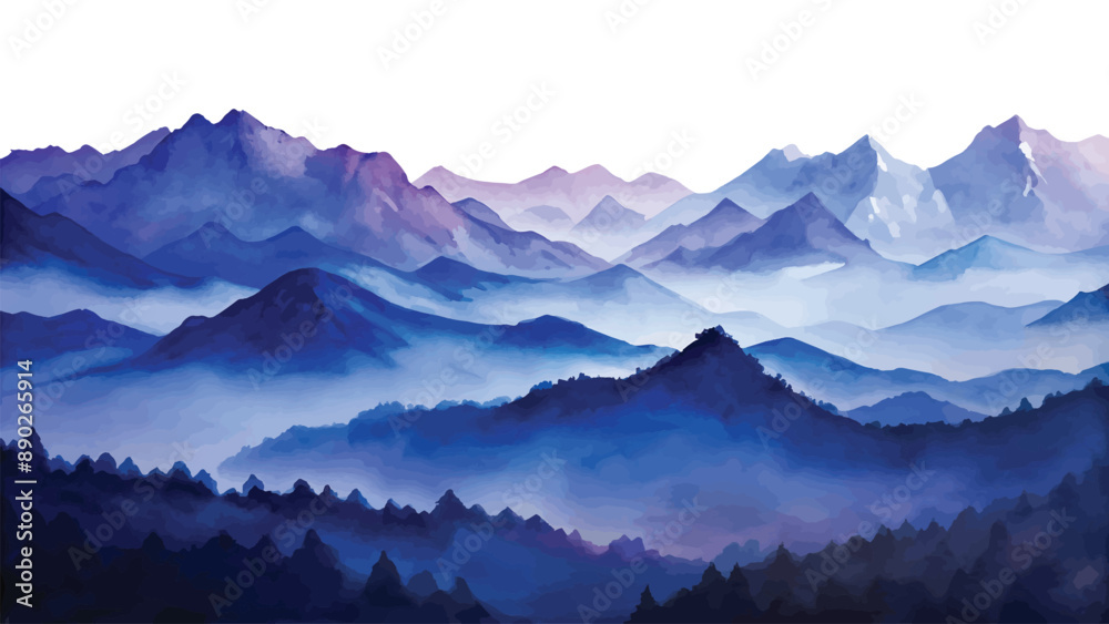 Serene Watercolor Landscape of Misty Mountain Range at Dawn Serene Watercolor Landscape of Misty Mountain Range at Dawn