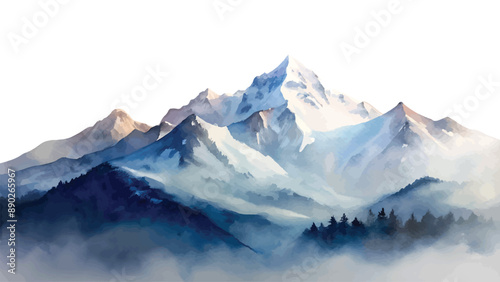 Serene Watercolor Landscape of Misty Mountain Range at Dawn