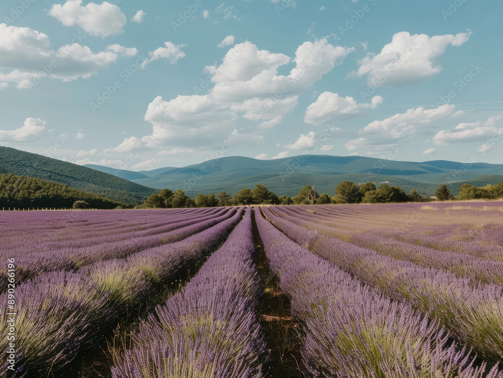Rows of lavender flowers in a field under a blue sky. Generative AI Rows of lavender flowers in a field under a blue sky. Generative AI