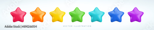 Vector cartoon 3d colorful star icons set. Cute realistic 3d render, glossy metallic red, yellow, blue, orange, green and purple stars collection.