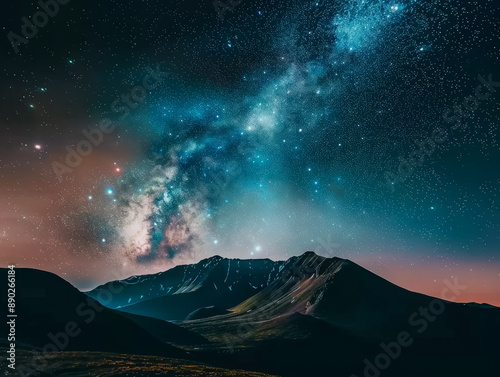 Night sky with stars and the Milky Way over a mountain range. Generative AI