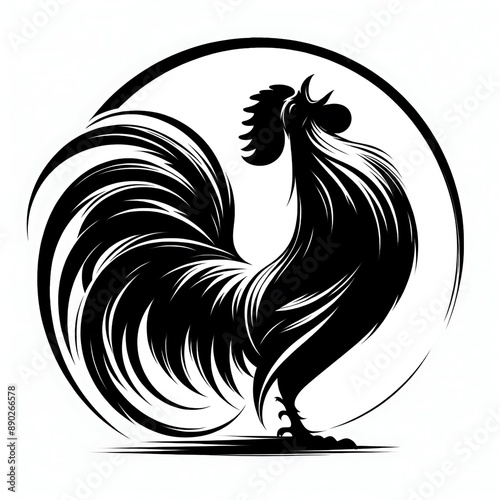 Black and white silhouette of a rooster inside a circle. Featuring the iconic crowing bird with its intricate comb, this minimalist design uses negative space for a clean, two-dimensional look