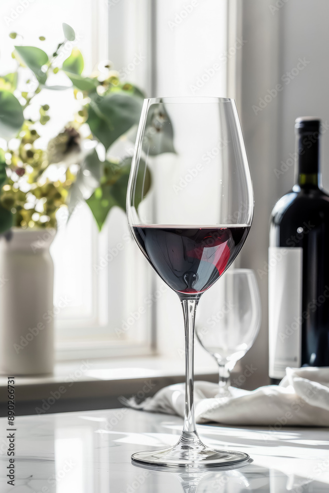 A glass of red wine sits on a table by a window with sunlight streaming in. Generative AI