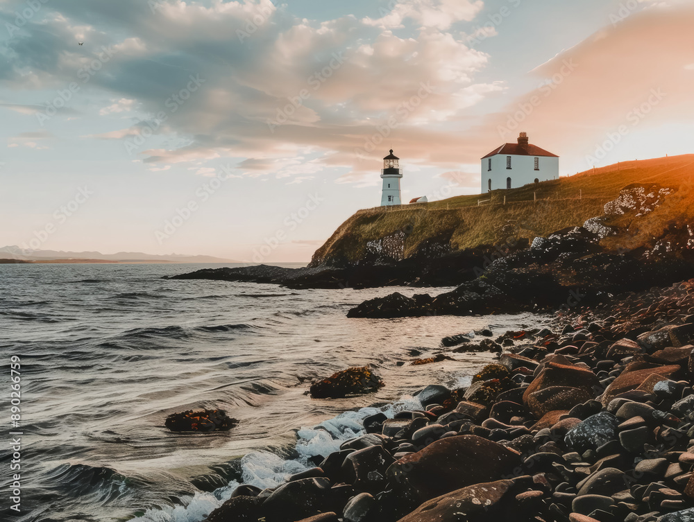 A lighthouse sits on a cliff overlooking a rocky beach as the sun sets over the sea. Generative AI A lighthouse sits on a cliff overlooking a rocky beach as the sun sets over the sea. Generative AI