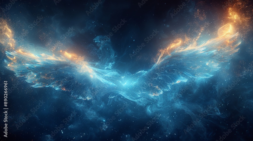 Fototapeta premium Abstract background with glowing blue light waves forming two symmetrical wings.