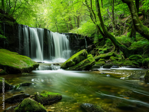 Waterfall cascading over rocks into a flowing stream surrounded by vibrant green trees. Generative AI