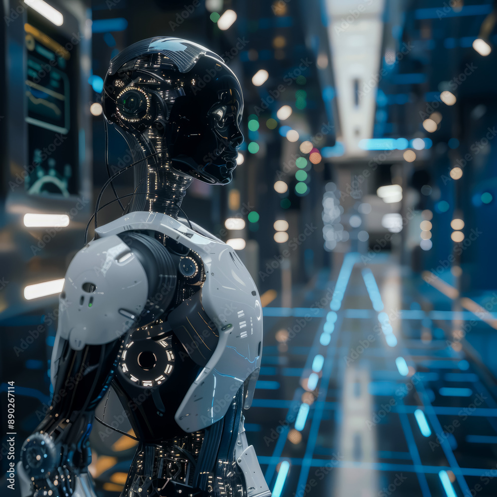 Fototapeta premium A humanoid robot stands in a futuristic facility with glowing blue lines on the floor. Generative AI