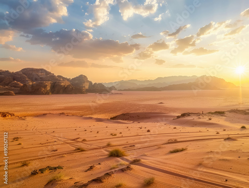 Golden desert dunes and mountains at sunset. Generative AI