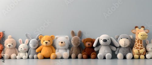 Stuffed Animals: A medley of soft and cuddly stuffed animals, including teddy bears, rabbits, and giraffes, 