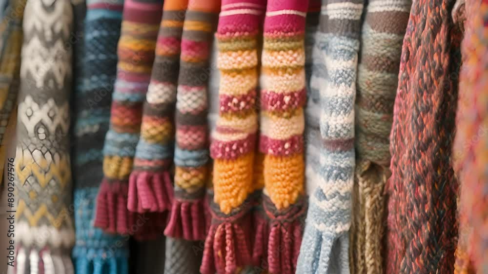 Soft handknit scarves in a variety of patterns and colors add a cozy touch to a nearby display perfect for staying warm on chilly days. Soft handknit scarves in a variety of patterns and colors add a cozy touch to a nearby display perfect for staying warm on chilly days.
