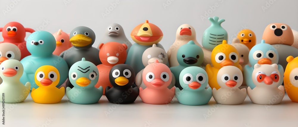 Obraz premium Bath Toys: A variety of colorful bath toys, including rubber ducks, boats, and animals, arranged closely together on a pristine white background. 