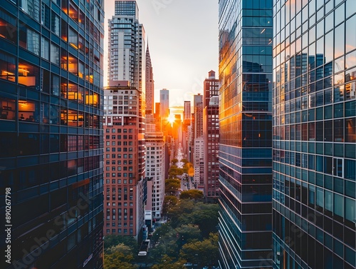 Stunning Sunset Skyline with Towering Skyscrapers and Modern Architecture