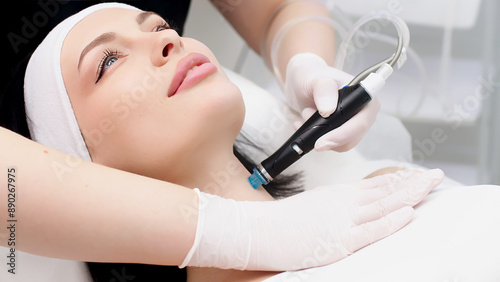 Close-up of a modern hydrofacial device used for facial cleansing. Modern cosmetology.