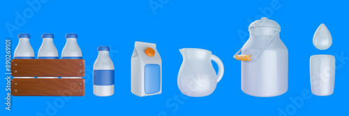 Bottle, glass with drop, jug, plastic package, can, wood box. Collection containers for milk products. Vector illustration in cartoon 3d style.