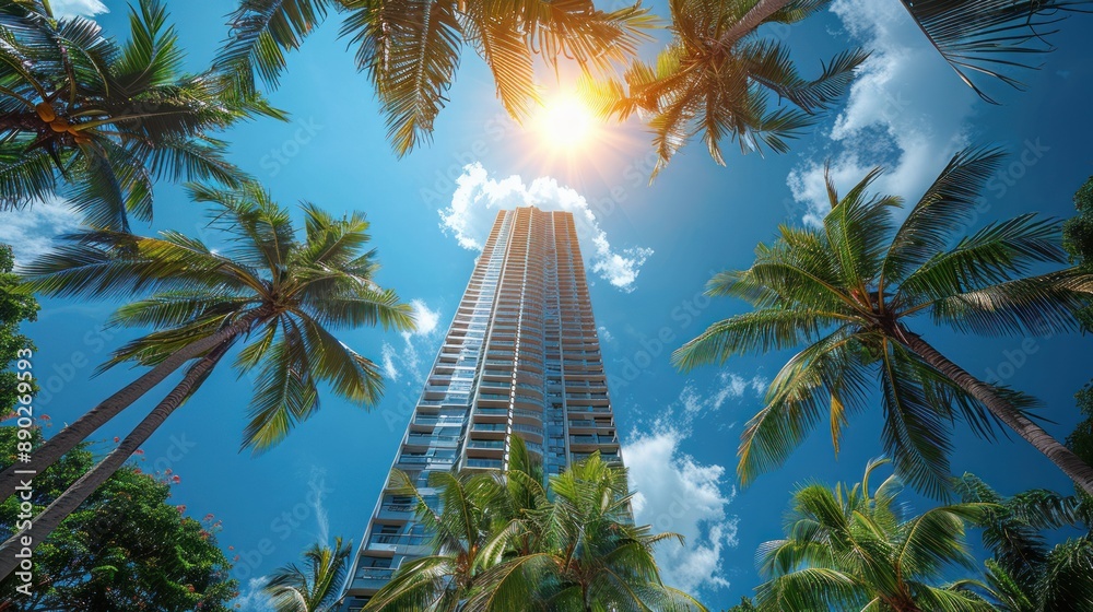 Fototapeta premium Palm Trees and Skyscraper under Blue Sky