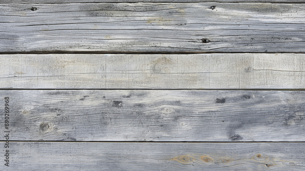 Weathered gray wooden planks with visible grain and knots. Rustic and aged appearance adds character and texture.