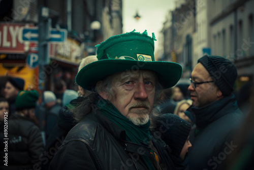 St. Patrick’s Day, Dublin the streets are dressed in green and filled with music and dancing with a green shamrock and the celebration of the céilidh