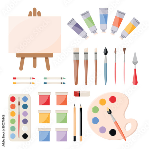 Painting tools, art supplies set. Paints, canvas, paint tubes, brushes, palette knife, watercolor palette, crayons, pencils, eraser. Artist equipment icons. Vector illustration