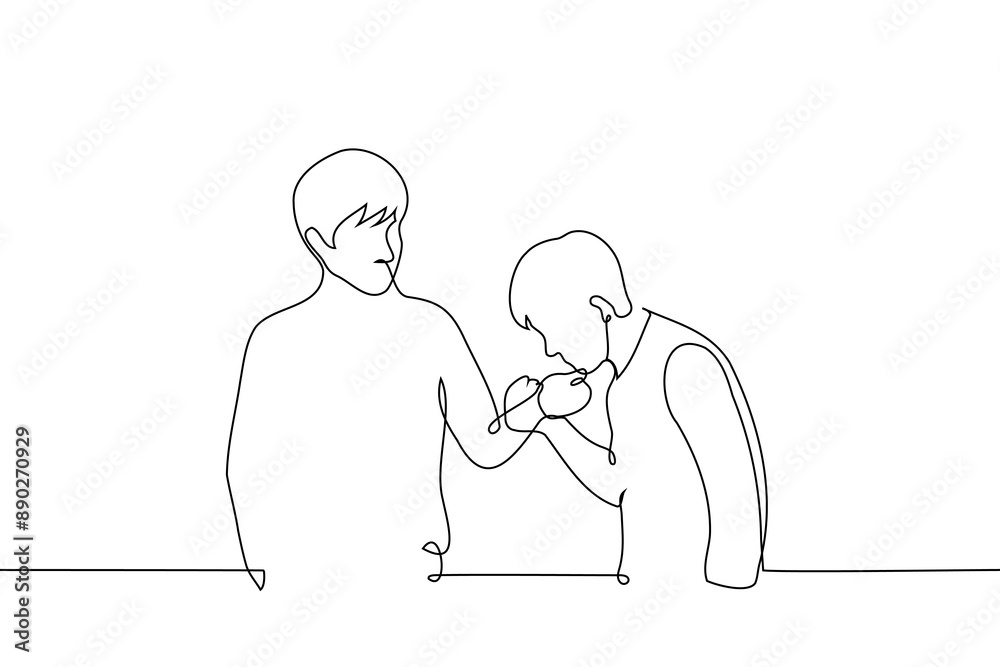 man sniffing man's hand - one line art vector. concept sensitive sense of smell, check by smell