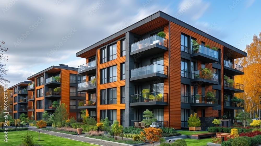 Modern Apartment Building with Fall Foliage Modern Apartment Building with Fall Foliage