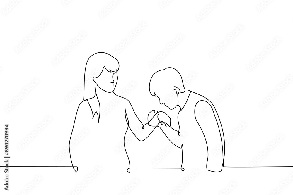 man kisses woman's hand - one line art vector. concept gentleman man kisses woman's hand - one line art vector. concept gentleman