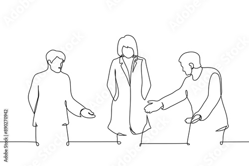 men point with their hands to a woman in a coat walking in the center - one line art vector. concept welcome, security directs, escort