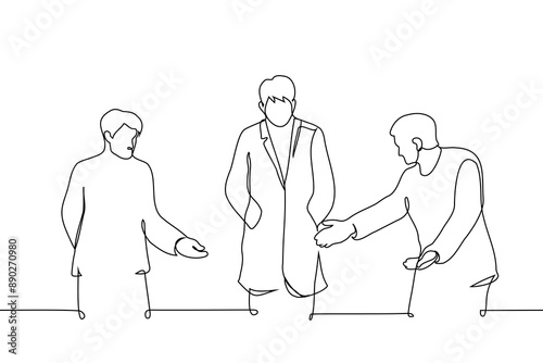 men point with their hands to a man in a coat walking in the center - one line art vector. concept welcome, security directs, escort