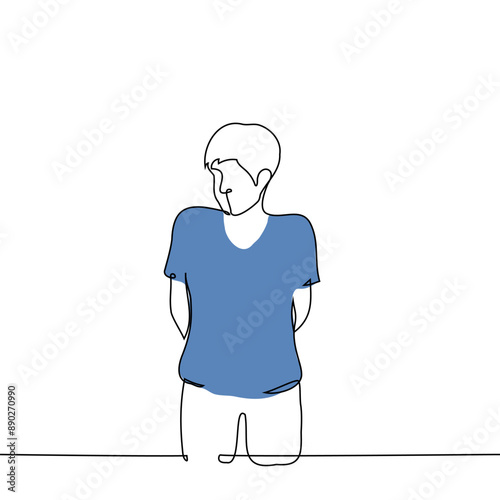 man leaned forward with his hands behind his back, he looks at the camera - one line art vector. concept of looking with partiality, searching gaze, staring