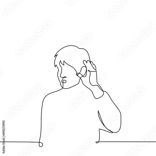 man put his hand to his ear to hear better - one line art vector. concept eavesdrop, bad hearing, listen