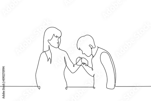 man kisses woman's hand - one line art vector. concept gentleman