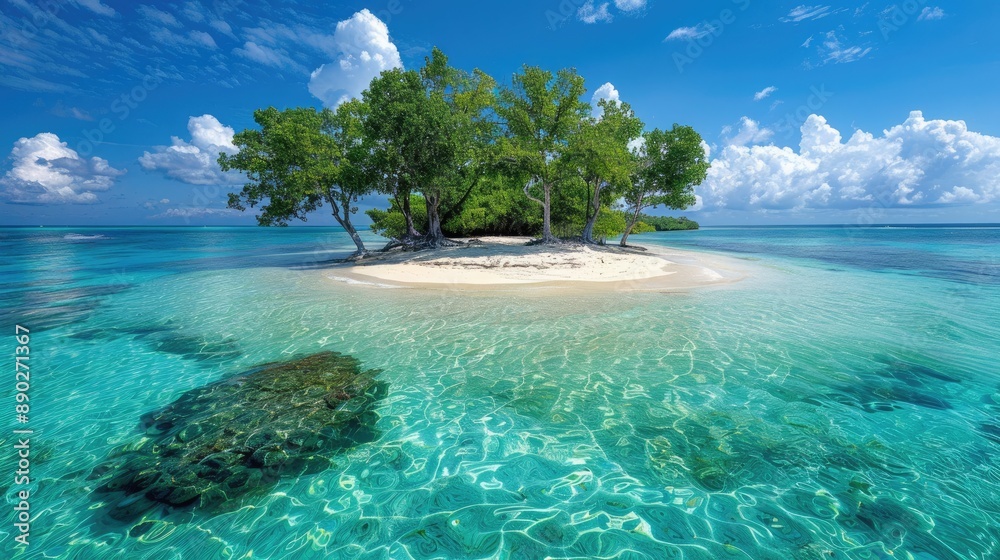 Fototapeta premium Island in the middle of the ocean with green trees and some side beach