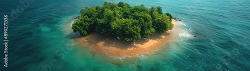 Island in the middle of the ocean with green trees and some side beach © zakir