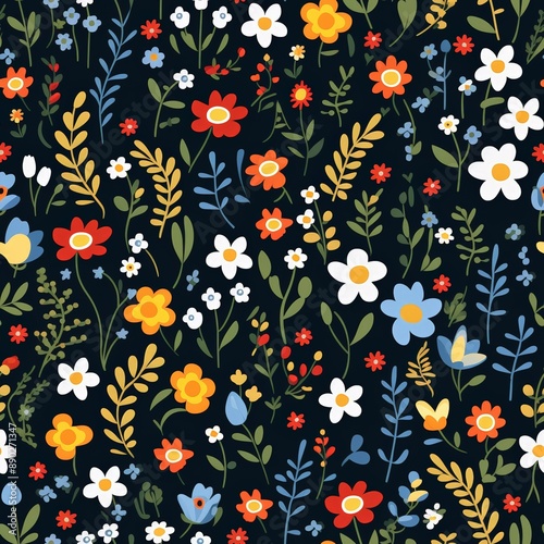 Wallpaper Mural Colorful floral seamless pattern with hand drawn flowers and leaves on dark background Torontodigital.ca