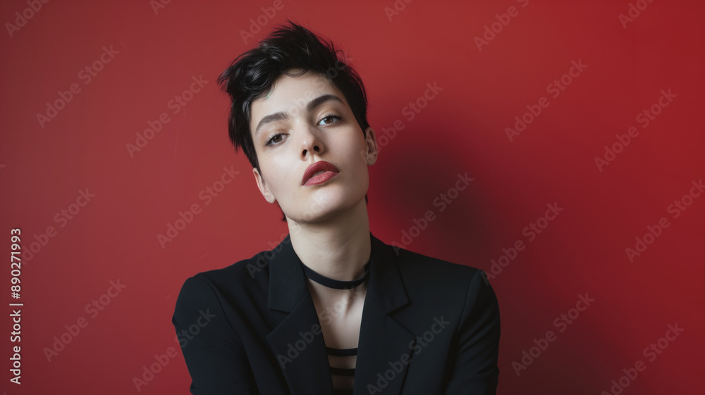Person with short dark hair wearing a black outfit stands against a red background. Their direct gaze and red lipstick create a powerful, confident look. Person with short dark hair wearing a black outfit stands against a red background. Their direct gaze and red lipstick create a powerful, confident look.