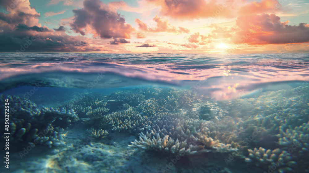 Fototapeta premium Underwater view of coral reef with vibrant corals and sunlight breaking through ocean surface at sunset. The image captures beauty of marine life and serene ambiance of underwater world
