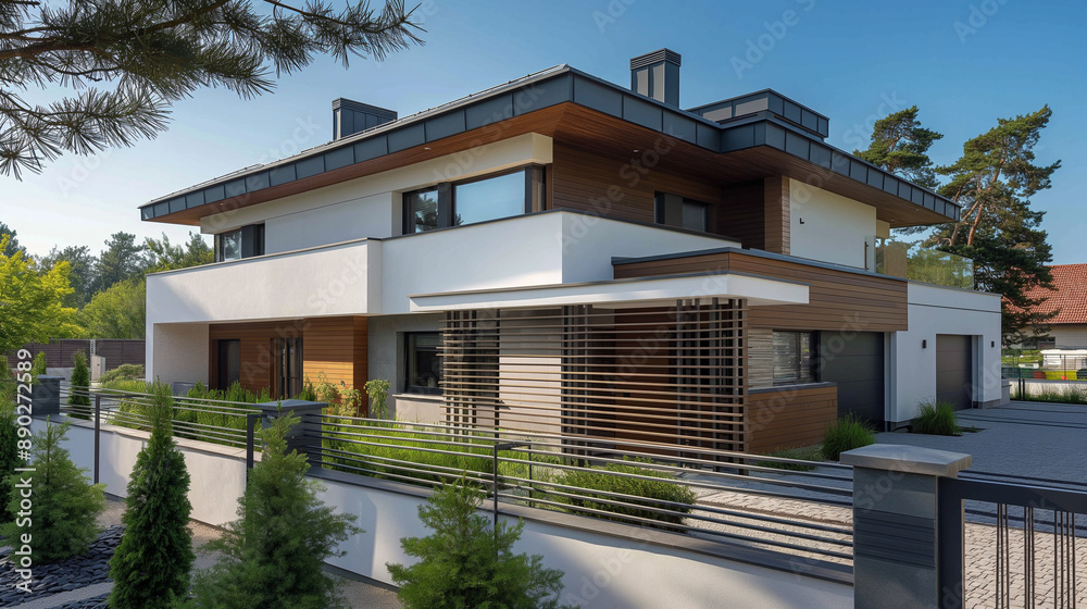 Fototapeta premium Elegant modern house with stylish metal fence in Darlowo, Poland