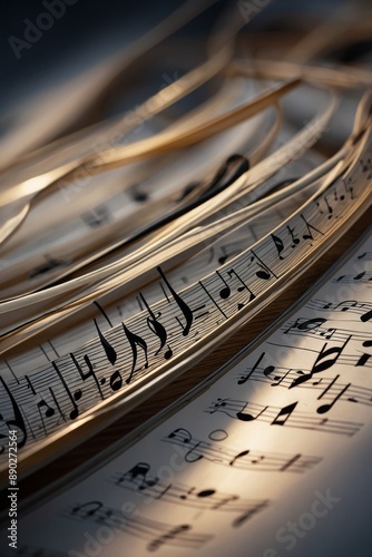 An abstract depiction of a musical concept where musical staves are transformed into waves symbolizing sound.