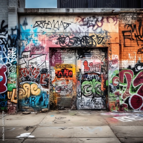 Colorful graffiti adorns the walls and garage door of an urban building