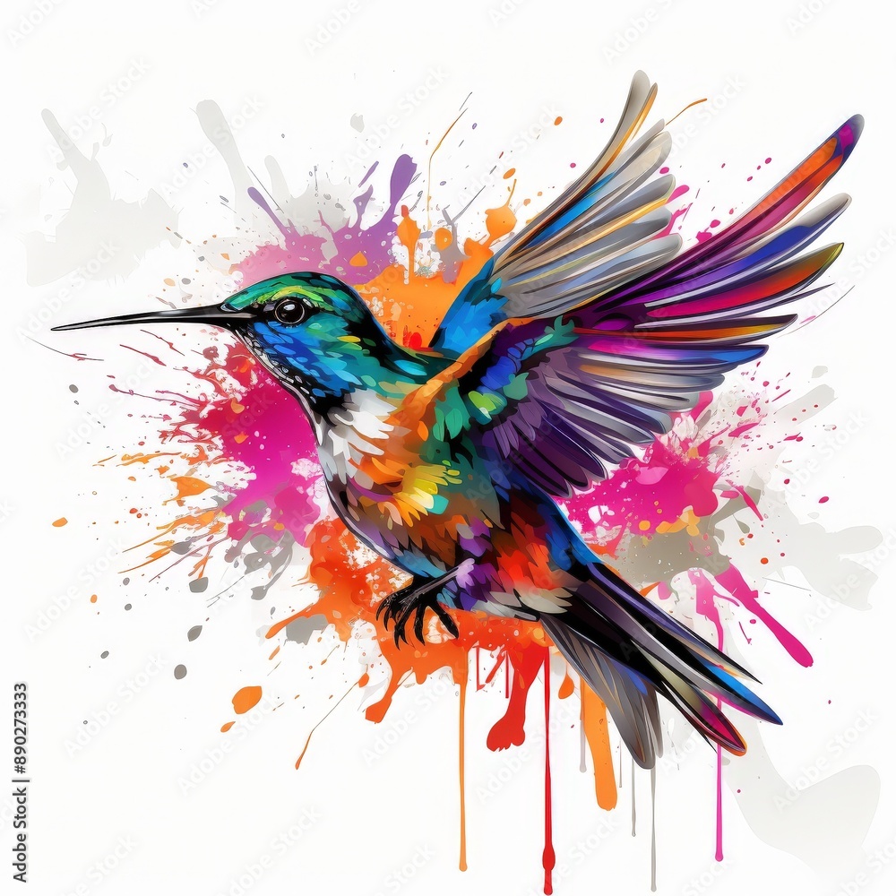 Obraz premium Colorful hummingbird with vibrant watercolor splashes in flight